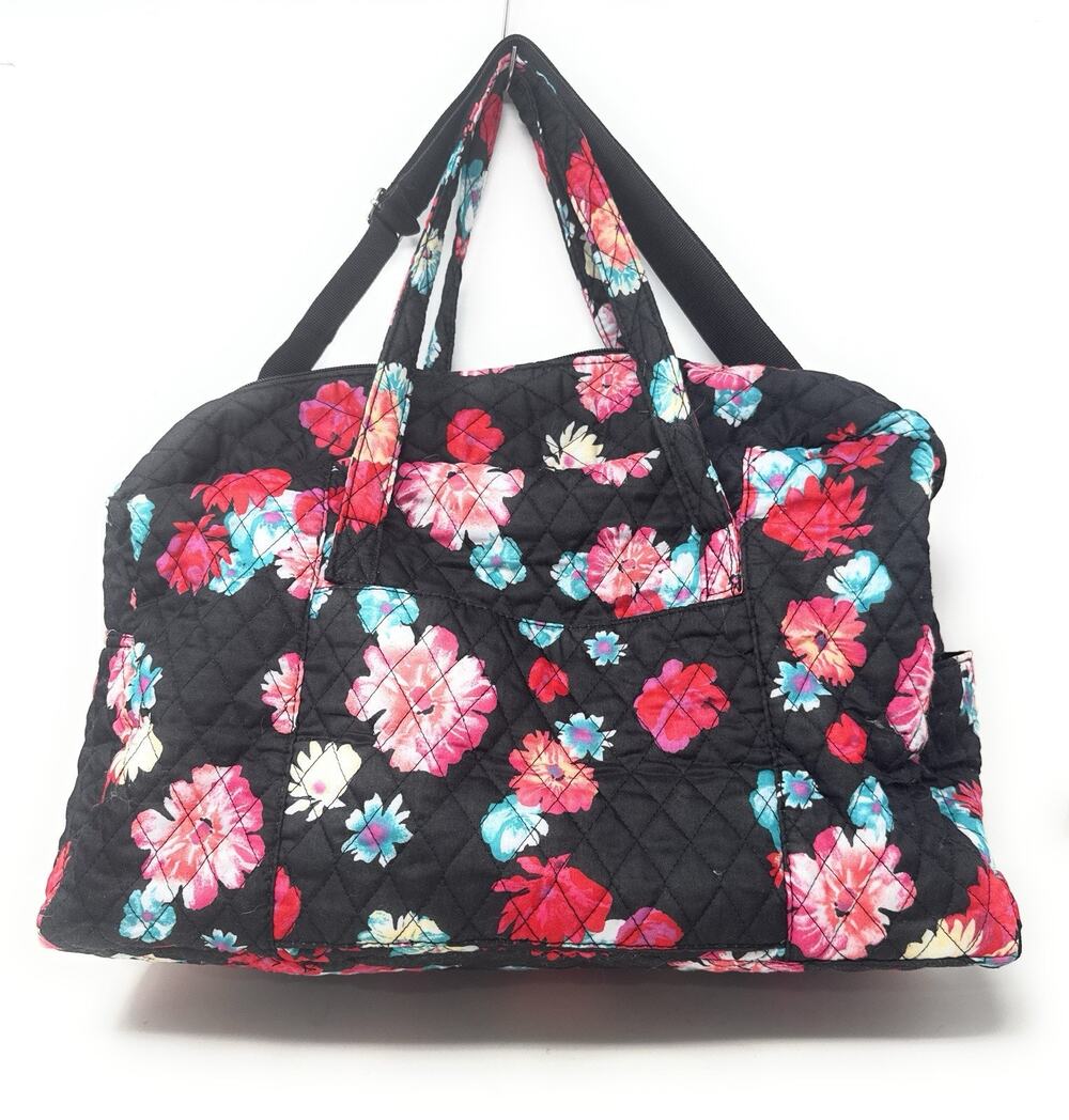 Quilted Small Duffle Purse Make-up Travel Bag Black Red Floral Inner Pocket